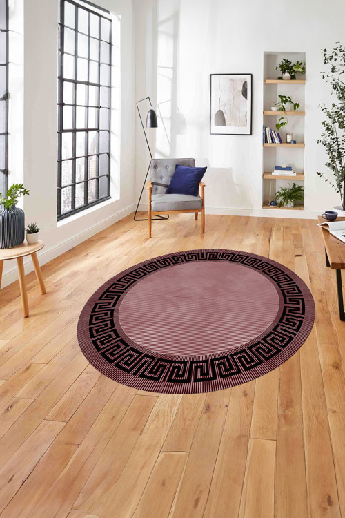 Çerçeveli Çizgi Detaylı Modern Yıkanabilir Kaymaz Taban Yuvarlak Salon Halısı