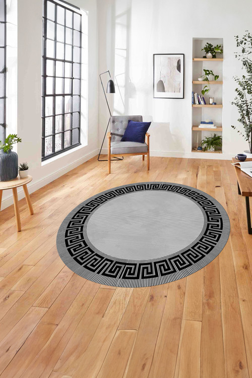 Çerçeveli Çizgi Detaylı Modern Yıkanabilir Kaymaz Taban Yuvarlak Salon Halısı