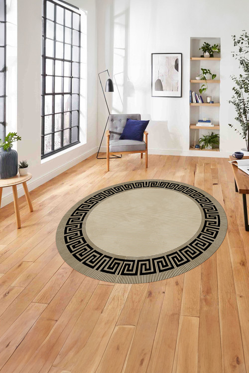 Çerçeveli Çizgi Detaylı Modern Yıkanabilir Kaymaz Taban Yuvarlak Salon Halısı