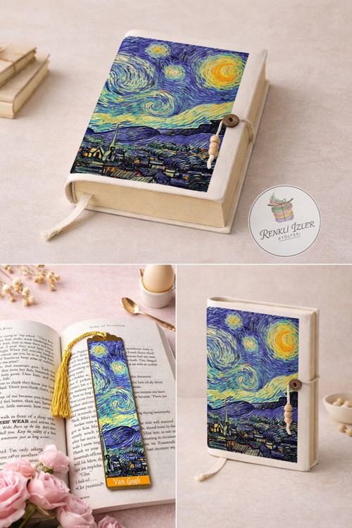 Kitap Kılıfı ve Metal Kitap Ayracı Seti (Van Gogh Yıldızlı Geceler)