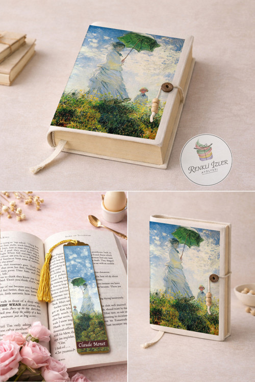 Kitap Kılıfı ve Metal Kitap Ayracı Seti (Claude Monet Gezinti Şemsiyeli Kadın)