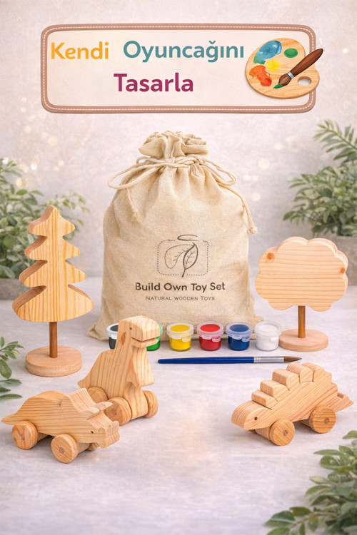 🧸 Ahşap Oyuncak Boyama Seti – Kendi Oyuncağını Tasarla (Dino)