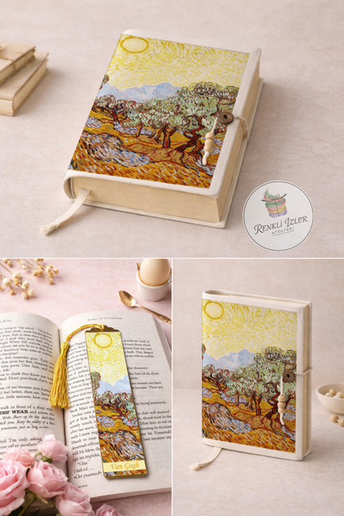 Kitap Kılıfı ve Metal Kitap Ayracı Seti (Van Gogh Zeytin Ağaçları)