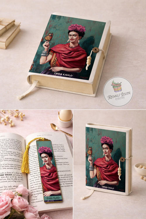 Kitap Kılıfı ve Metal Kitap Ayracı Seti (Frida Kahlo Kelebekler)