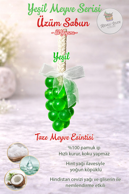 El Yapımı Üzüm Salkım Sabun(Tekli Sabun) Yeşil Kurdelalı