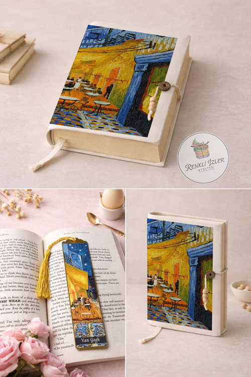 Kitap Kılıfı ve Metal Kitap Ayracı Seti (Van Gogh Cafe Terasta Gece)