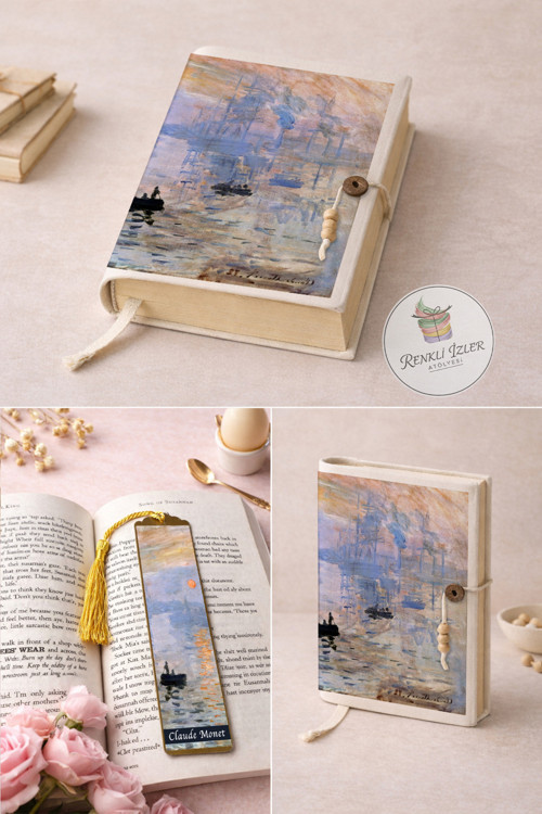 Kitap Kılıfı ve Metal Kitap Ayracı Seti (Claude Monet Gün Doğumu)