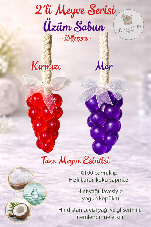El Yapımı Üzüm Salkım Sabun(İkili Set Kırmızı-Mor Kurdelalı)
