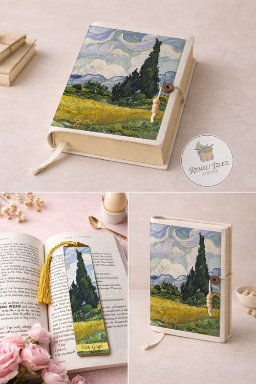 Kitap Kılıfı ve Metal Kitap Ayracı Seti (Van Gogh Selvi Ağaçlı Buğday Tarlası)