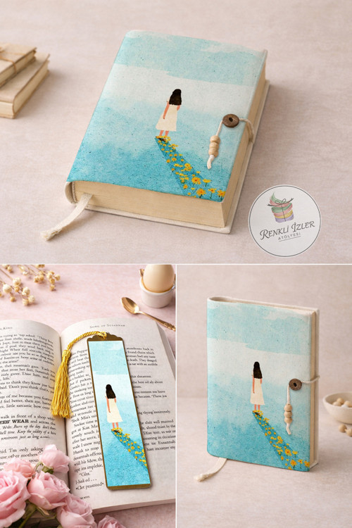 Kitap Kılıfı ve Metal Kitap Ayracı Seti (Çiçekli Yolculuk)