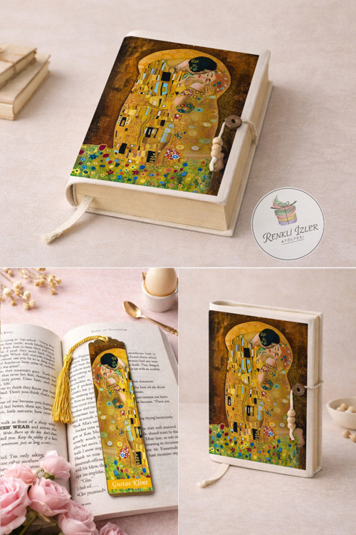 Kitap Kılıfı ve Metal Kitap Ayracı Seti (Gustav Klimt-Öpücük)