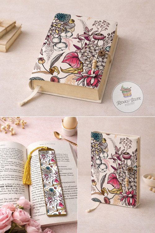 Kitap Kılıfı ve Metal Kitap Ayracı Seti (Çiçek Bahçesi)