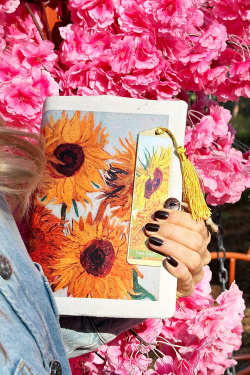 Kitap Kılıfı ve Metal Kitap Ayracı Seti (Van Gogh Ayçiçeği)