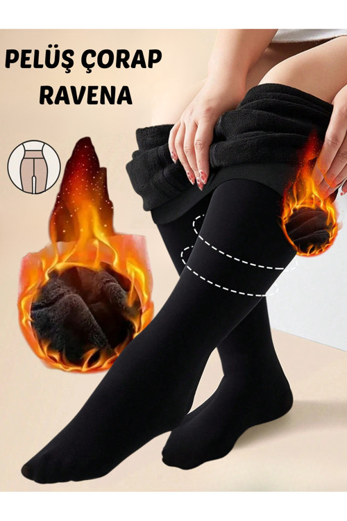 Ravena Model İçi Pelüşlü Tüylü Sıcak Tutan Kalın Külotlu Çorap İnceltici Fit Çorap Siyah Renk