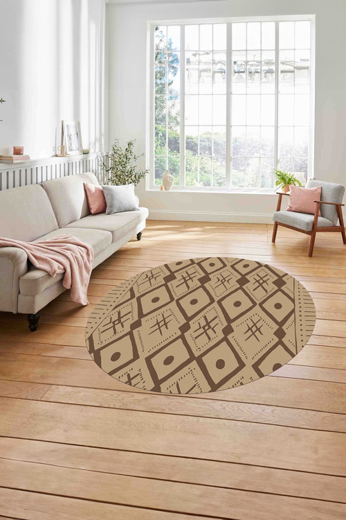 Baskılı İskandinav Etnik Kilim Yıkanabilir Kaymaz Yuvarlak Mutfak Salon Halısı
