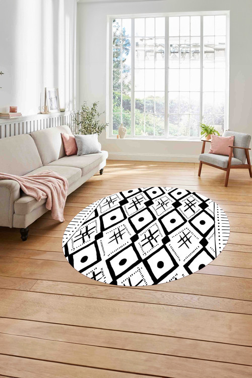 Baskılı İskandinav Etnik Kilim Yıkanabilir Kaymaz Yuvarlak Mutfak Salon Halısı