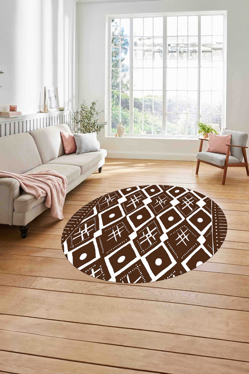 Baskılı İskandinav Etnik Kilim Yıkanabilir Kaymaz Yuvarlak Mutfak Salon Halısı