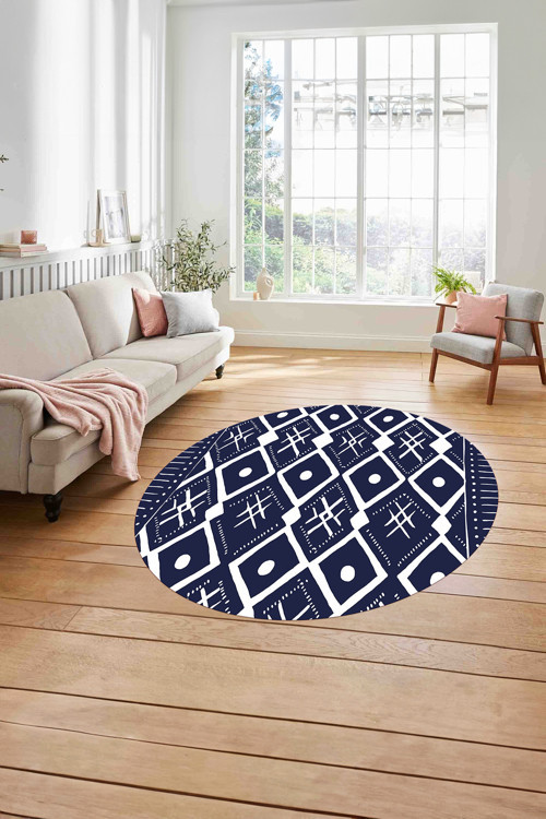 Baskılı İskandinav Etnik Kilim Yıkanabilir Kaymaz Yuvarlak Mutfak Salon Halısı