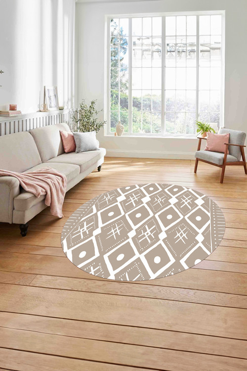 Baskılı İskandinav Etnik Kilim Yıkanabilir Kaymaz Yuvarlak Mutfak Salon Halısı
