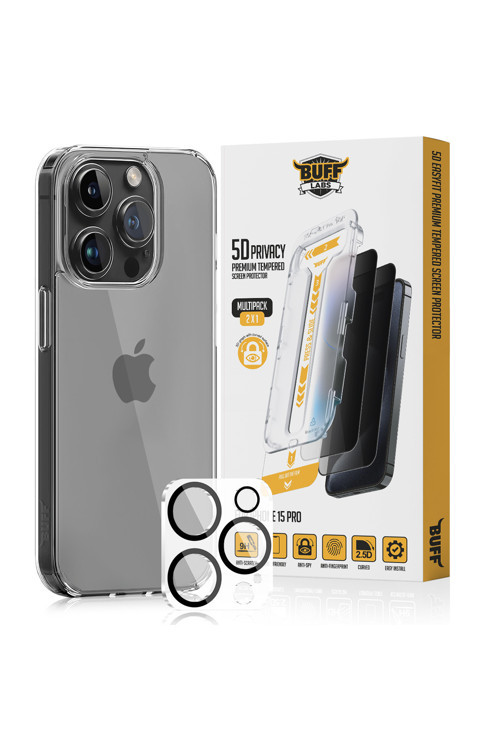 Buff iPhone 15 Pro Avantaj Paket - Şeffaf Kılıf + Ekran Koruyucu + Lens Koruyucu Privacy