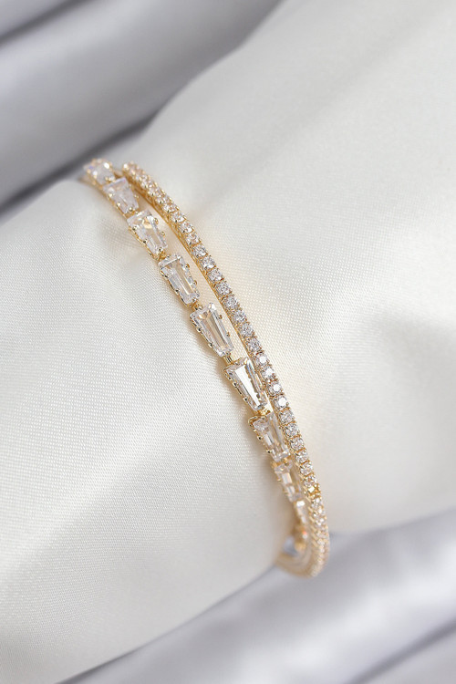 Pirinç Zirkon Taşlı Su Yolu Model Gold Renk Kadın Bileklik