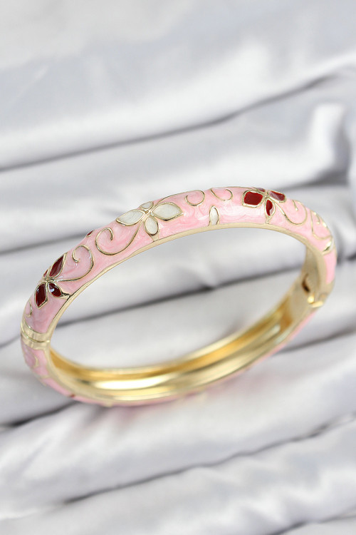 Mineli Pirinç Pembe Çiçek Motifli Gold Kadın Kelepçe