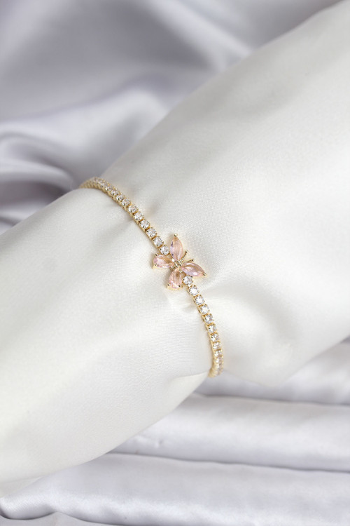 Kelebek Model Zirkon Taşlı Gold Renk Pirinç Su Yolu Kadın Bileklik