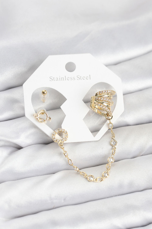 Uzay Model Pirinç Gold Renk Zincir Bağlantılı Ear Cuff Küpe Seti