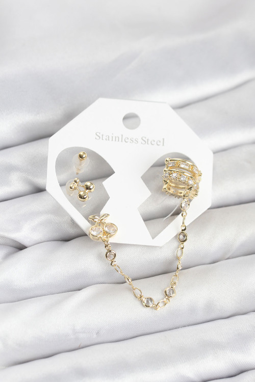 Kiraz Model Pirinç Gold Renk Zincir Bağlantılı Ear Cuff Küpe Seti