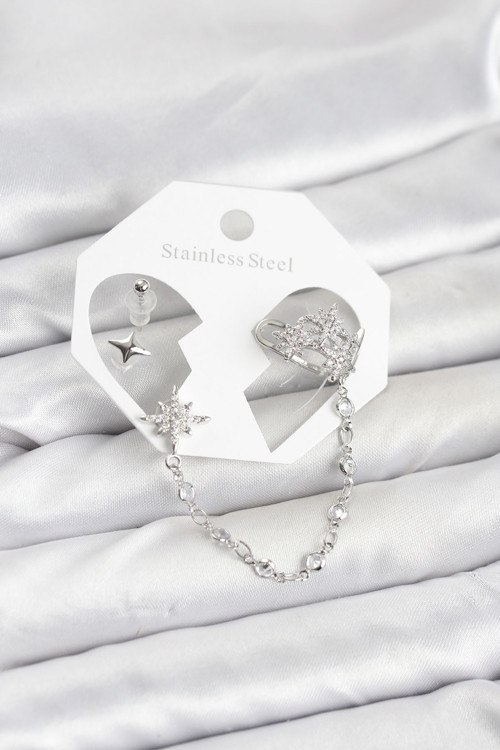 Kutup Yıldızı Model Pirinç Gümüş Renk Zincir Bağlantılı Ear Cuff Küpe Seti