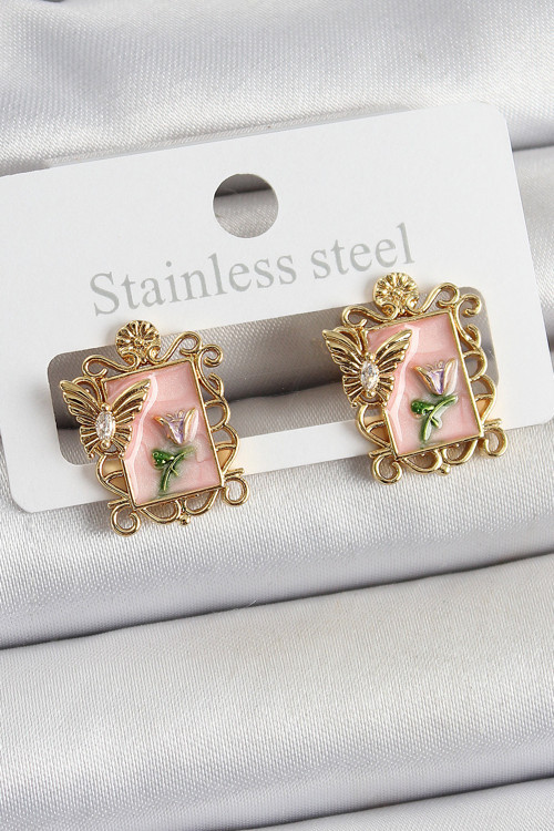 Pirinç Pembe Mineli Sanatsal Portre Model Gold Renk Kadın Küpe