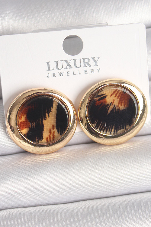 Pirinç Gold Renk Leopar Desen Daire Model Kadın Küpe