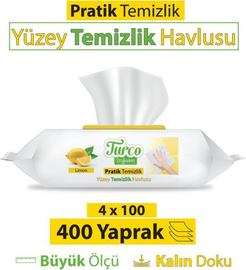 Turco Doğadan Pratik Yüzey Temizlik Havlusu Limon 4x100 (400 Yaprak)