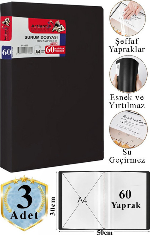 Siyah Sunum Dosyası 60 lı 3 Adet Poşet Dosyalı Katalog Dosyası 60 Poşetli Kendinden Dosya Plastik Kapaklı