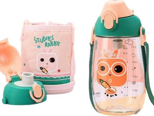 Küçük Boy 480ml Kılıflı Askılı Pipetli/pipetsiz Iki Ayrı Kapaklı Tritan Çocuk Matarası