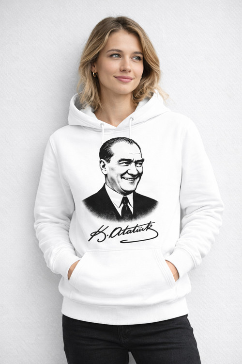 Atatürk Potre Tasarımlı Kapşunlu Sweatshirt
