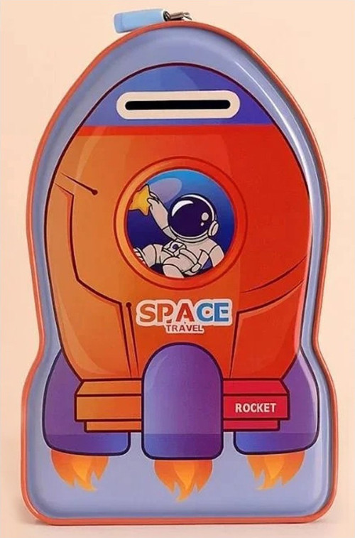 Metal Kumbara Roket Anahtarlı 1 Adet Kilitli Astronot Roket Uzay Mekiği Figürlü Kilitli Metal Kumbara 13x19cm