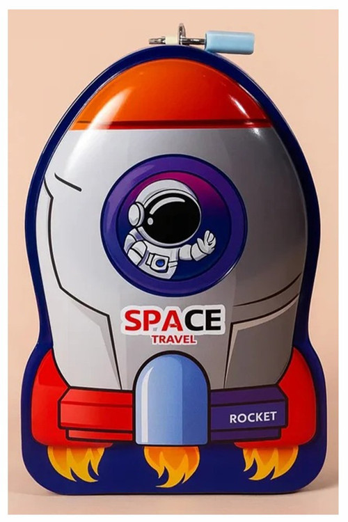 Metal Kumbara Roket Anahtarlı 1 Adet Kilitli Astronot Roket Uzay Mekiği Figürlü Kilitli Metal Kumbara 13x19cm