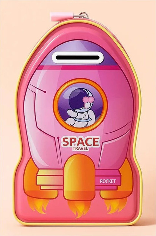 Metal Kumbara Roket Anahtarlı 1 Adet Kilitli Astronot Roket Uzay Mekiği Figürlü Kilitli Metal Kumbara 13x19cm