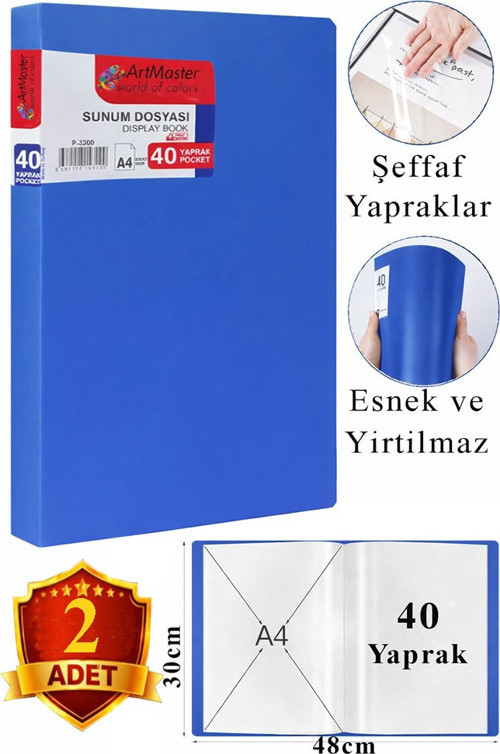 Mavi Sunum Dosyası 40 lı 2 Adet Poşet Dosyalı Katalog Dosyası 40 Poşetli Kendinden Dosya Plastik Kapaklı