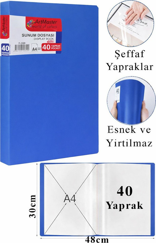 Mavi Sunum Dosyası 40 lı 1 Adet Poşet Dosyalı Katalog Dosyası 40 Poşetli Kendinden Dosya Plastik Kapaklı