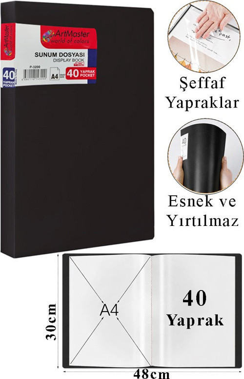Siyah Sunum Dosyası 40 lı 1 Adet Poşet Dosyalı Katalog Dosyası 40 Poşetli Kendinden Dosya Plastik Kapaklı