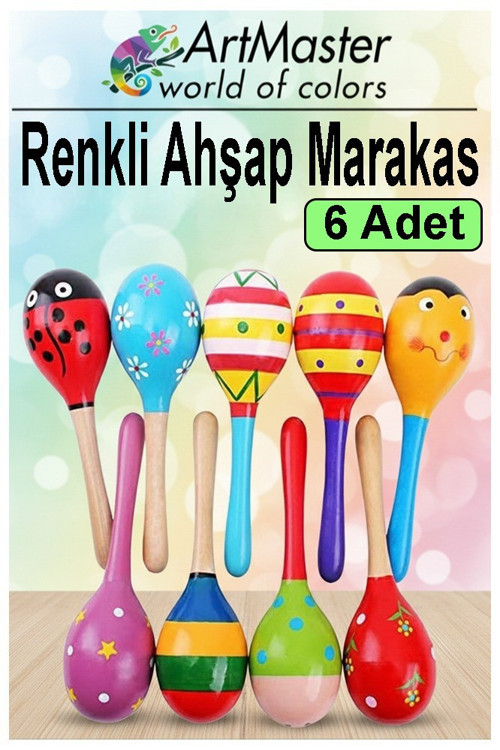 Marakas Renkli Ahşap 6 Lı Set Çıngıraklar Eğlenceli Marakas Renkli Müzik Aksesuarları Çocuk Eğitici Oyuncak