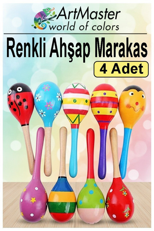 Marakas Renkli Ahşap 4 Lü Set Çıngıraklar Eğlenceli Marakas Renkli Müzik Aksesuarları Çocuk Eğitici Oyuncak
