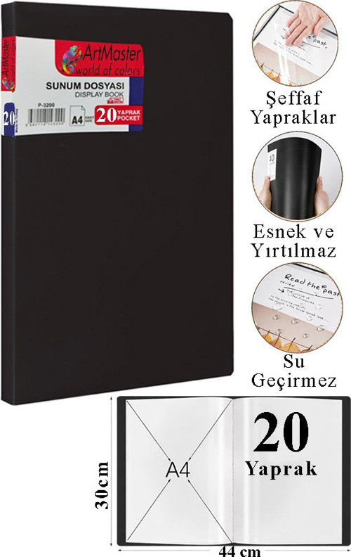 Siyah Sunum Dosyası 20 li 1 Adet Poşet Dosyalı Katalog Dosyası 20 Poşetli Kendinden Dosya Plastik Kapaklı