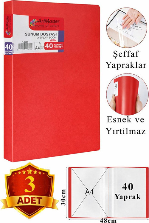 Kırmızı Sunum Dosyası 40 lı 3 Adet Poşet Dosyalı Katalog Dosyası 40 Poşetli Kendinden Dosya Plastik Kapaklı