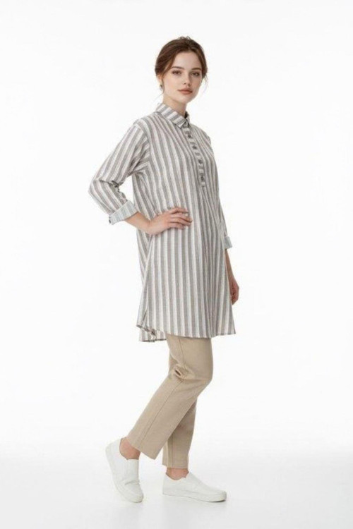 NE5503-Pamuk Çizgili Emzirme Detay Hamile Giyim Gömlek-Tunik