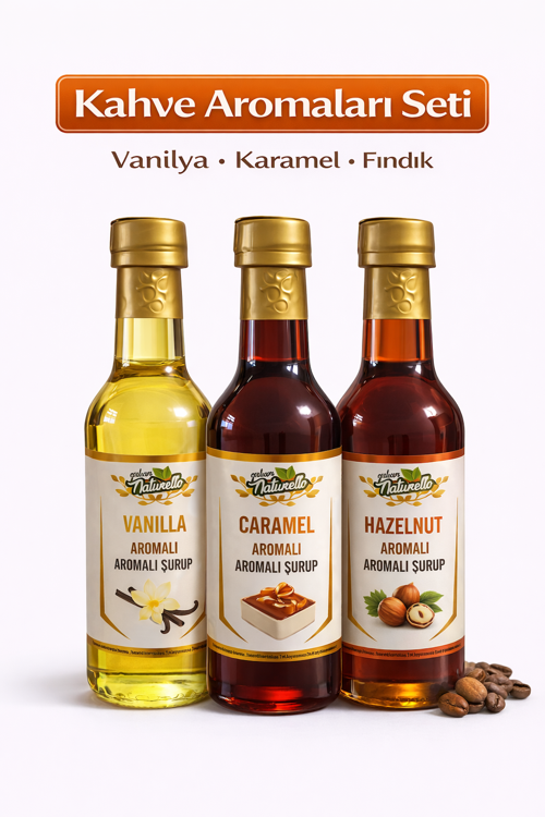 Kahve Şurubu Seti 3'lü 300 ml (Vanilya, Karamel ve Fındık Aromalı)