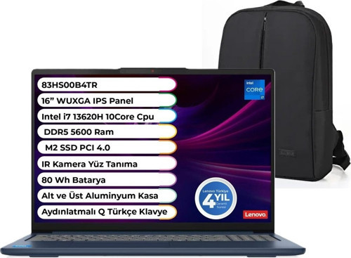 Ideapad Slim 5 16IRH10 Intel Core I7 13620H 32 GB 1 Tb SSD Windows 11 Pro 16'' IPS 83HS00B4TR Snertech Çanta