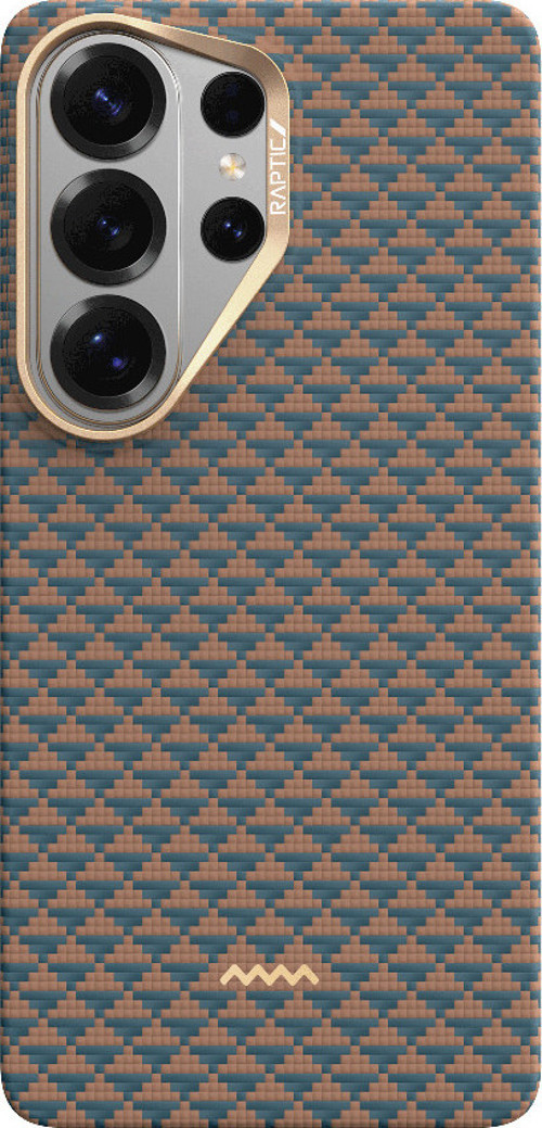Galaxy S26 Ultra Uyumlu Kılıf M-Safe Şarj Özellikli Aramid Skin Origin Serisi Kapak Gold-Mavi